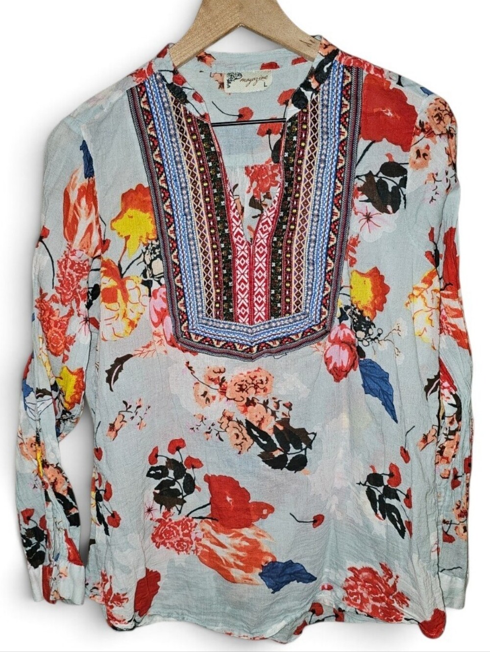 MAGAZINE Floral Embroidered Long Sleeve Boho Tunic Top - Large